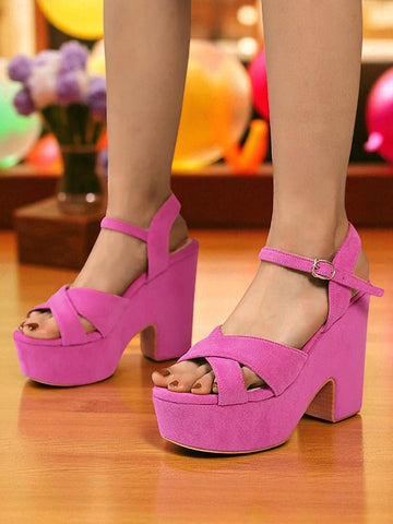 Pink Suede Women's with - Hot Platform Sandals Strap Ankle FashionChic