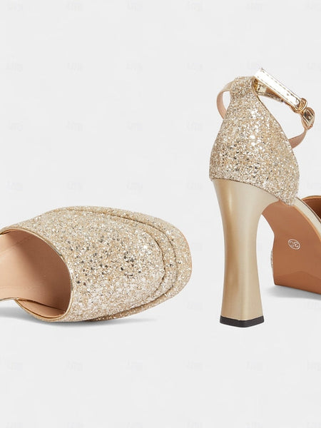 Women's Glitter High Gold Heels Platform FashionChic