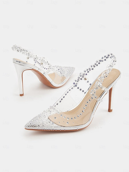 Women's Toe Clear Rhinestone Pointed with Slingback Heels FashionChic