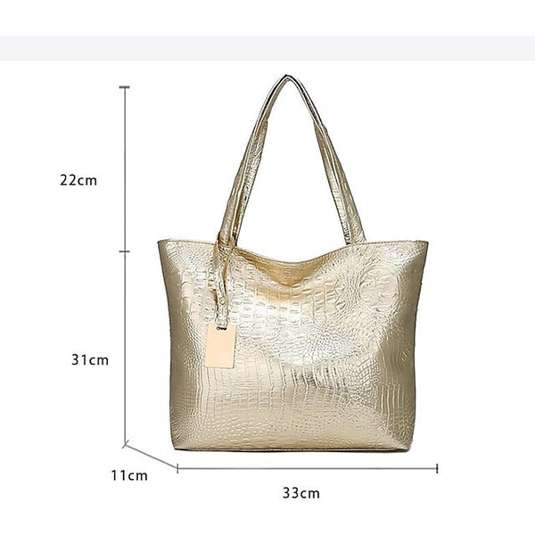 Bag Faux Large Tote Embossed Women's Croc Silver | Capacity FashionChic