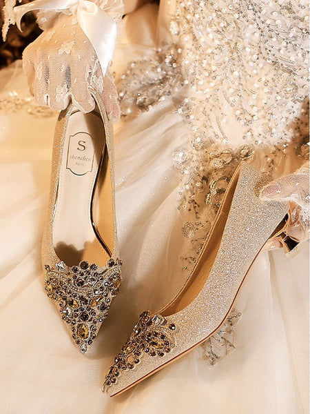 Gold Pumps with Women's Low Heel Pointed-Toe Glitter FashionChic