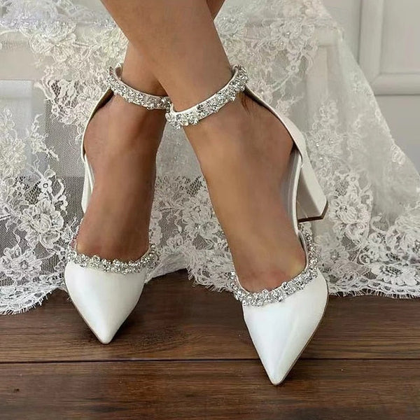 Toe Pointed – White Block Wedding Heel Shoes with Women's FashionChic