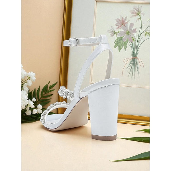 White Women's with Straps Sandals Rhinestone - Block Heel FashionChic