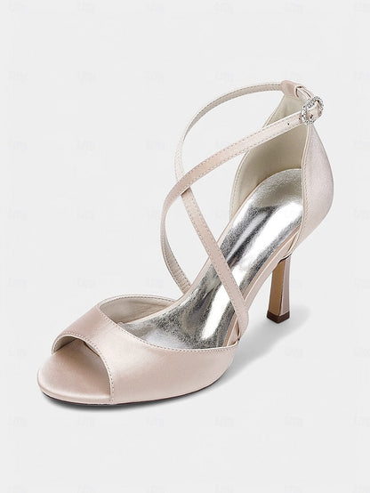 Elegant Heels Peep-Toe Women's White – Satin Cross-Strap FashionChic