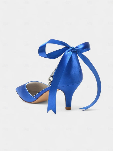 Ankle Blue Pointed-Kitten Strap Heels Satin and with Rhinestone FashionChic