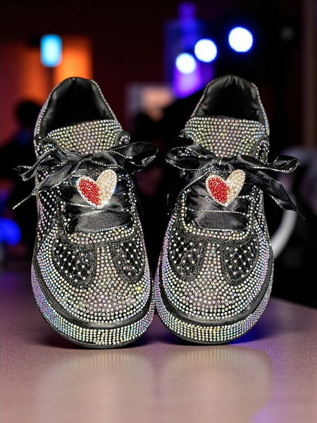 with Satin Laces Rhinestone Women's Sneakers Ribbon White FashionChic