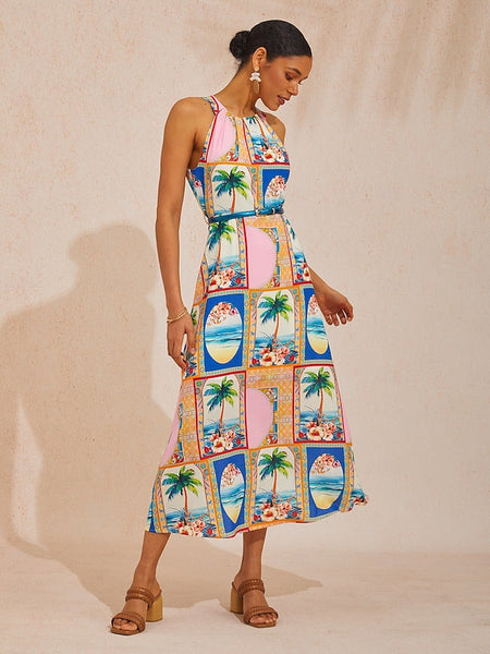 Vacation Geometric Floral Print Waist-cinching Sleeveless Satin FashionChic