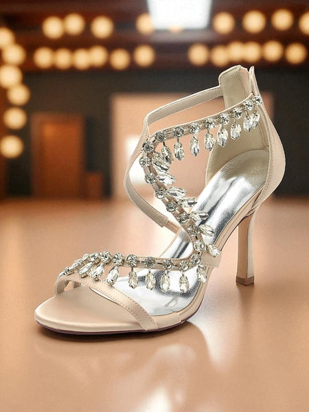Rhinestone Strappy Heel Sandals Women's High White with FashionChic