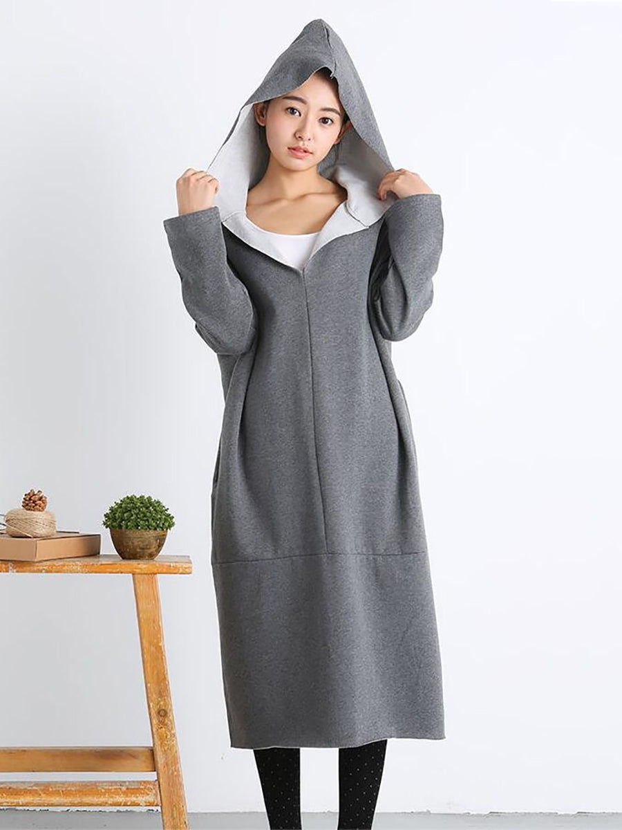 Plus Size Women Casual Pure Color Loose Pocket Hooded Dress AT1074 BK