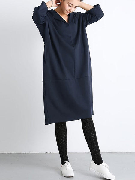 Plus Size Women Casual Pure Color Loose Pocket Hooded Dress AT1074 BK