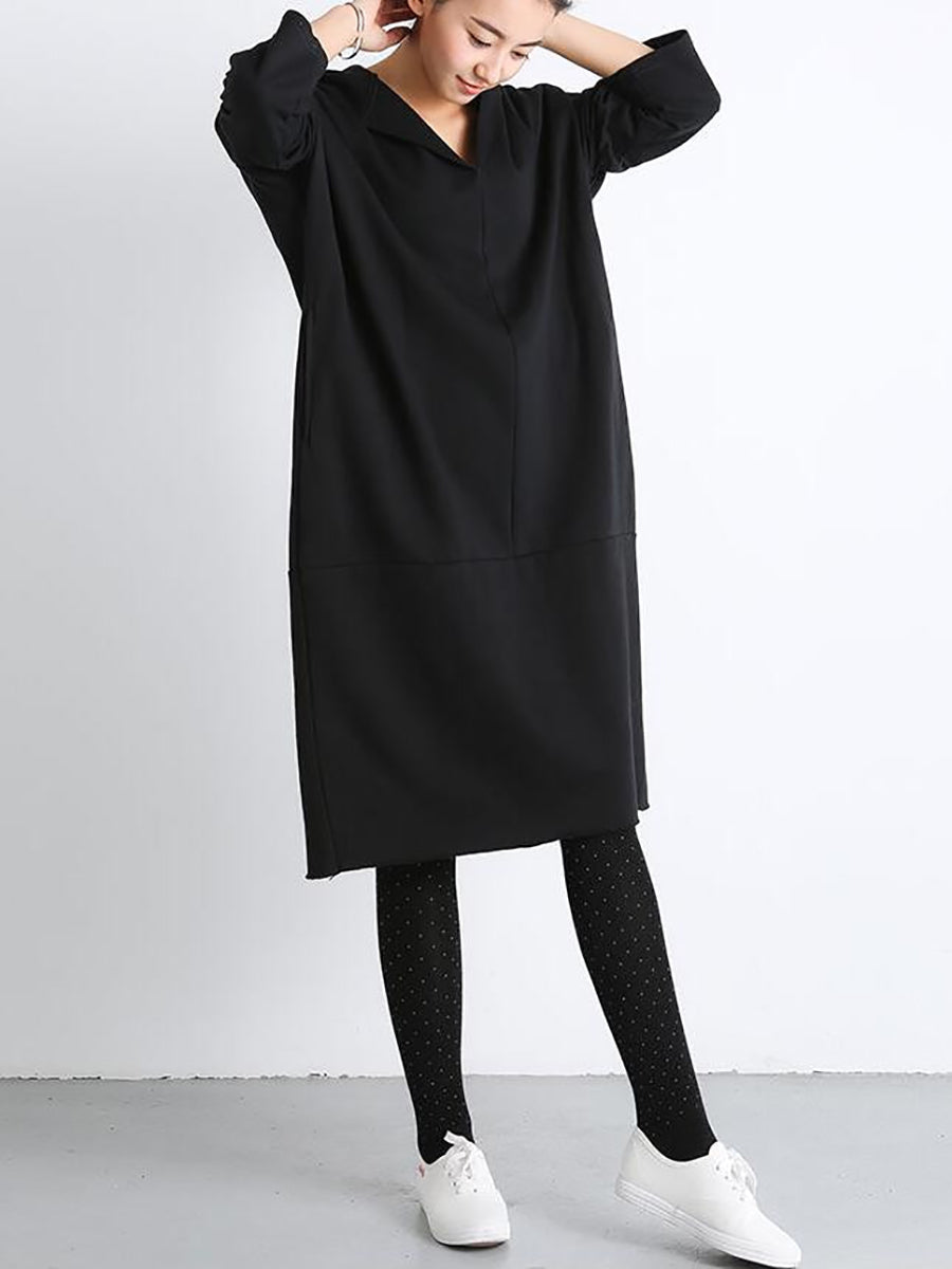 Plus Size Women Casual Pure Color Loose Pocket Hooded Dress AT1074 BK