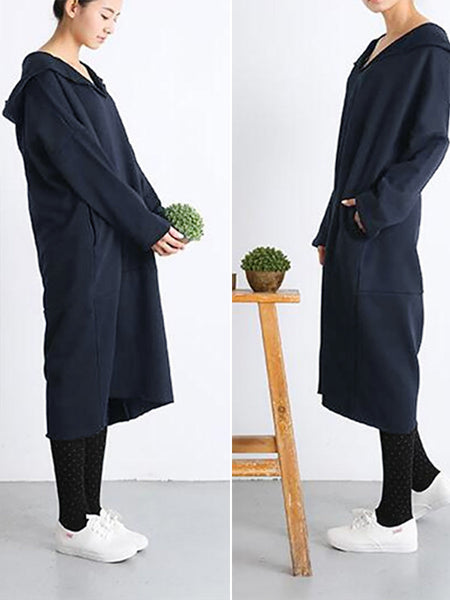 Plus Size Women Casual Pure Color Loose Pocket Hooded Dress AT1074 BK