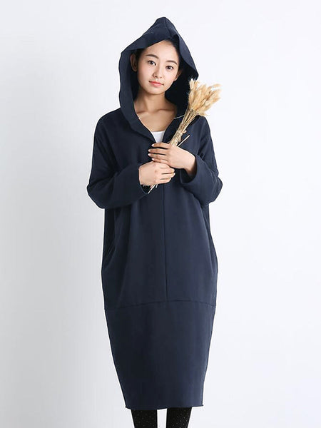 Plus Size Women Casual Pure Color Loose Pocket Hooded Dress AT1074 BK