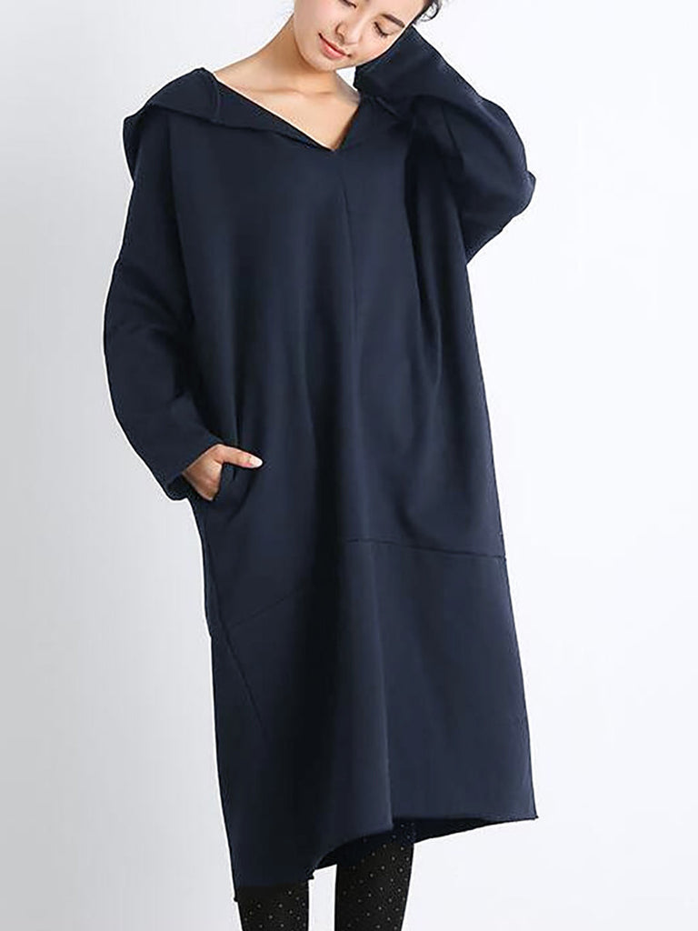 Plus Size Women Casual Pure Color Loose Pocket Hooded Dress AT1074 BK