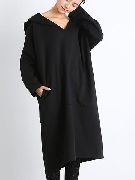Plus Size Women Casual Pure Color Loose Pocket Hooded Dress AT1074 BK