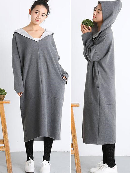 Plus Size Women Casual Pure Color Loose Pocket Hooded Dress AT1074 BK