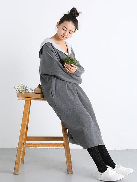 Plus Size Women Casual Pure Color Loose Pocket Hooded Dress AT1074 BK