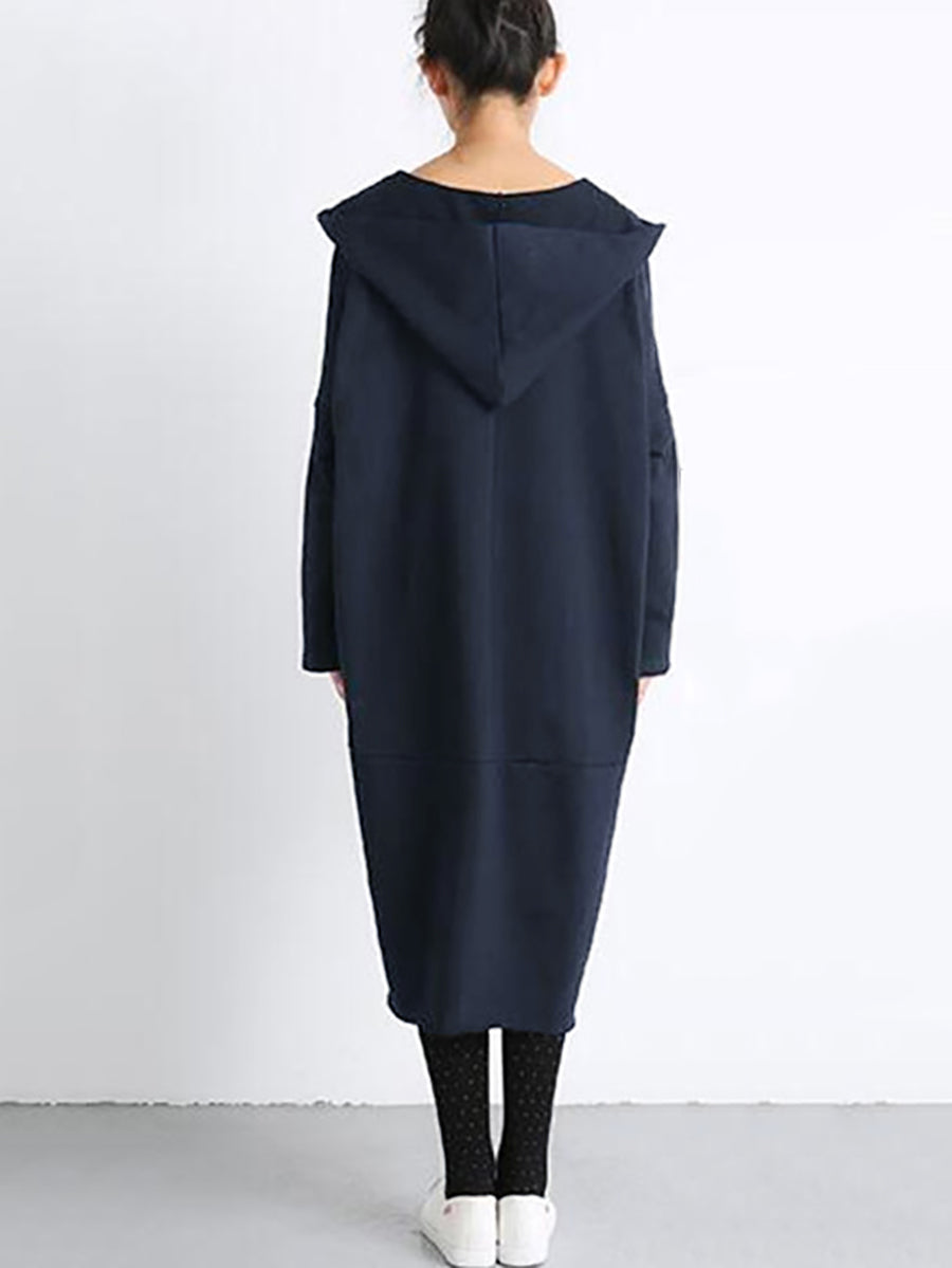 Plus Size Women Casual Pure Color Loose Pocket Hooded Dress AT1074 BK