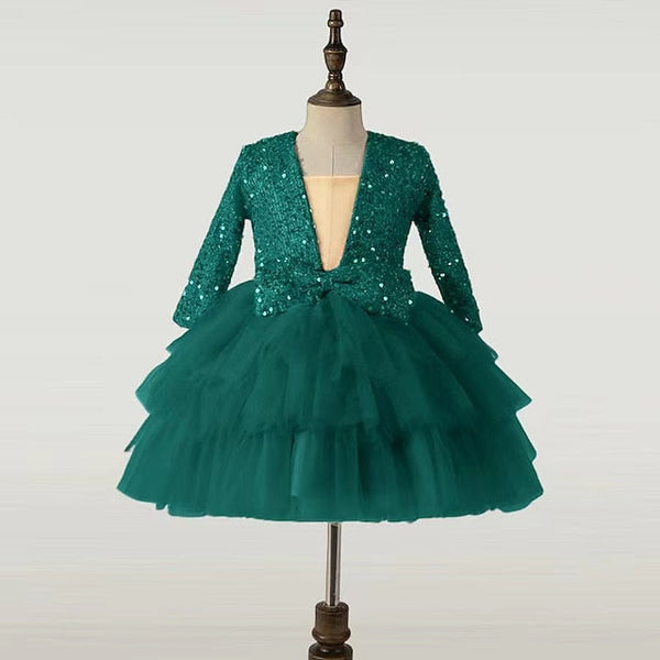 Long Party Girls' Dress Performance Sequin Sleeve Kids FashionChic