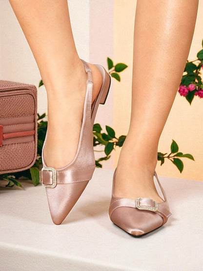 Women's Buckle Rhinestone Pink Slingback with Satin Flats FashionChic
