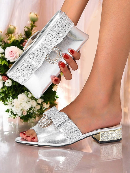Rhinestone with Flat – Gold Matching Bow Clutch Sandals FashionChic