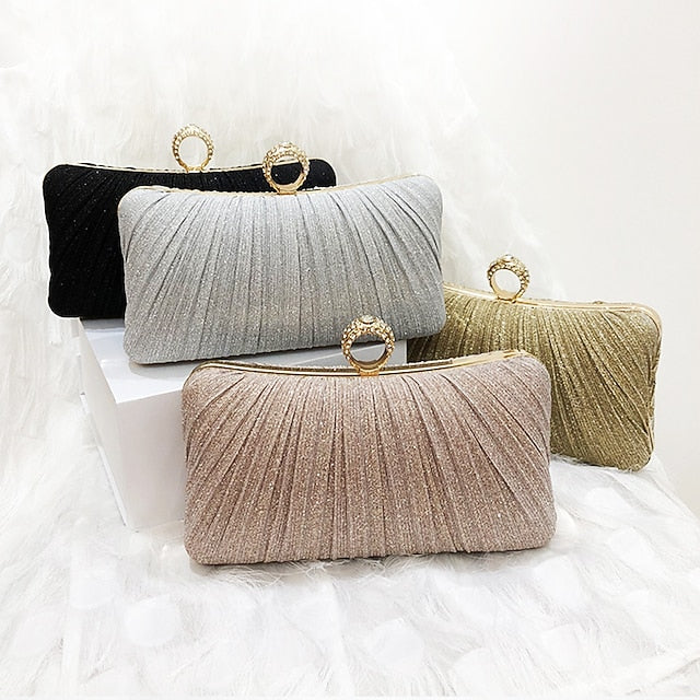 Evening Bag Ring with Elegant Rhinestone Glitter Clutch Gold FashionChic