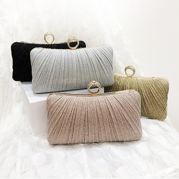 Evening Bag Ring with Elegant Rhinestone Glitter Clutch Gold FashionChic