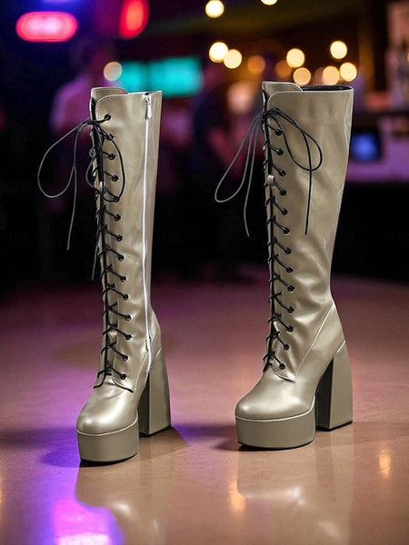 Platform Silver High Metallic Boots - Women's Lace-Up Knee FashionChic