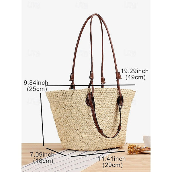 Tote Boho Leather Straps Women's Large Bag Chic Straw with FashionChic