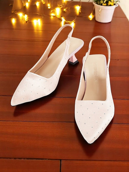 Satin Rhinestone Heels Women's with Kitten Studs Slingback FashionChic
