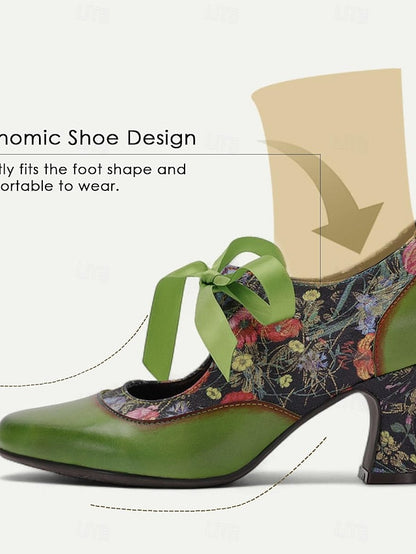 Mary Heels Green with Jane Women's Print Leather Floral FashionChic