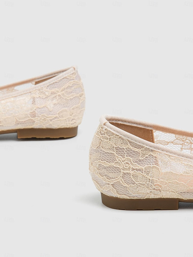 Ballet Flats Lace with Ornate Beige Women's Elegant FashionChic