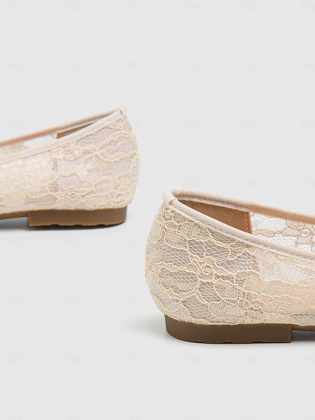 Ballet Flats Lace with Ornate Beige Women's Elegant FashionChic