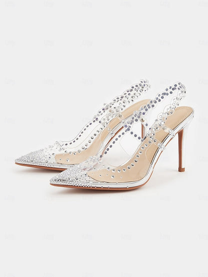Women's Toe Clear Rhinestone Pointed with Slingback Heels FashionChic