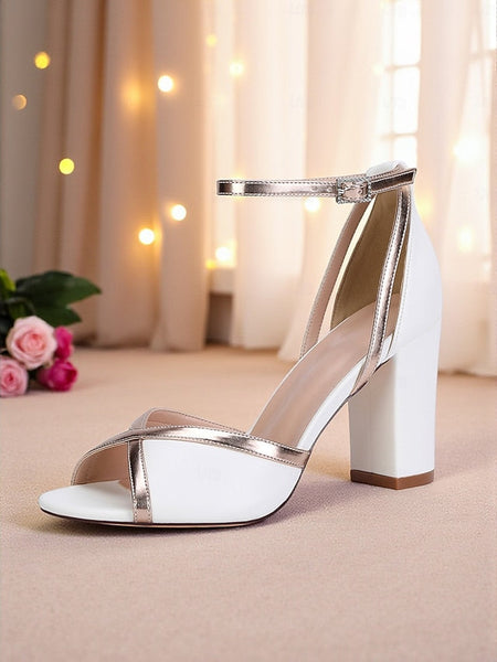 Metallic Sandals with Women's Ankle Heel White Strap Block FashionChic