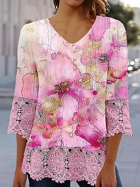 Women's Elegant Lace Tops Eyelet Blouse Casual Ombre Floral FashionChic
