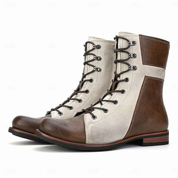 Mid-Calf Men's Faux Leather Two-Tone Lace-Up Boots Vintage FashionChic