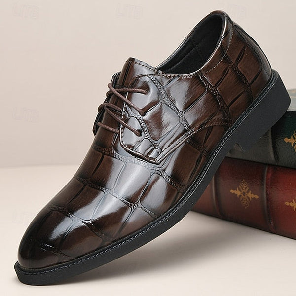 Shoes Dress Leather Brown Crocodile-Pattern Men's FashionChic