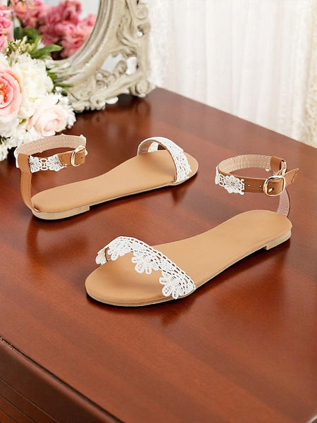 Floral Strap Sandals with Women's Ankle Lace White FashionChic