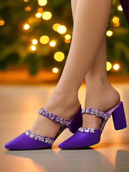 with Heel Mules Satin Floral Block Women's Black Rhinestone FashionChic