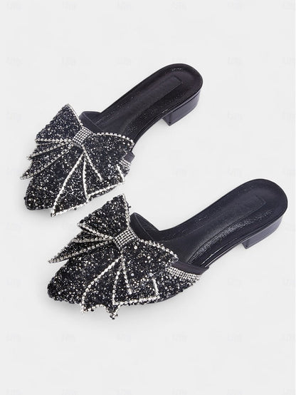 and Parties for Perfect Black Flat – Rhinestone-Bow Mules FashionChic