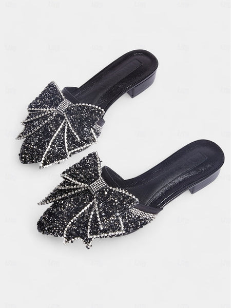 and Parties for Perfect Black Flat – Rhinestone-Bow Mules FashionChic