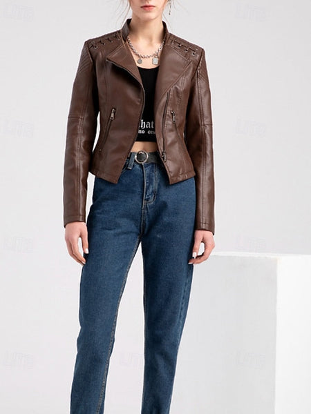 Women's Pocket Jacket Zipper Faux Leather Comfortable FashionChic