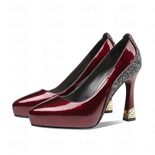 Platform Heels with Glitter Women's Patent Leather Burgundy FashionChic