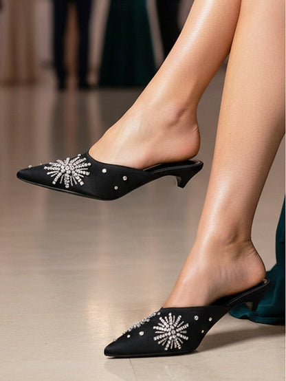 with Rhinestone Toe Pointed Mules Satin Black Women's FashionChic