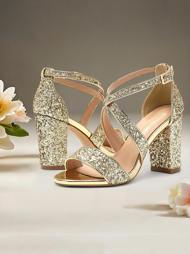 Women's Block Sandals Gold Heel Glitter FashionChic