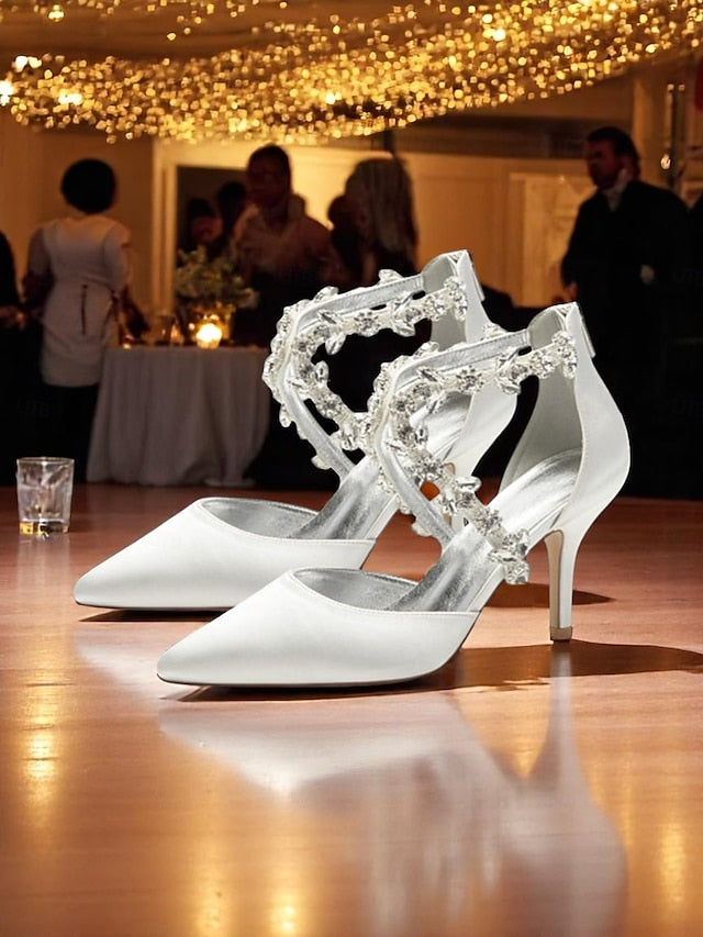 Heels Elegant Women's Satin White Crystal – Strap Pointed FashionChic