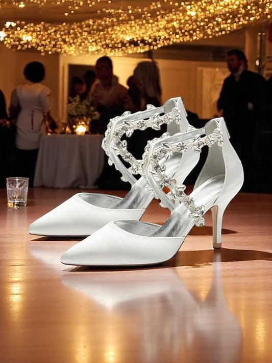 Heels Elegant Women's Satin White Crystal – Strap Pointed FashionChic