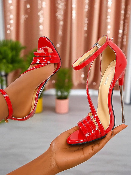PU Red Sandals High Heels - Strappy Stiletto Women's Patent FashionChic