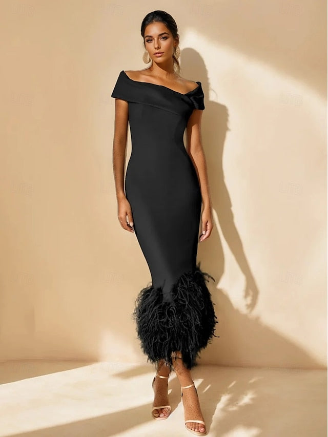 Cocktail Wedding Feather Column Elegant Dress Formal Dresses FashionChic
